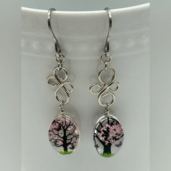 Tree of Life Dangle Earrings with Cherry Blossom Art Handmade Spring NWT - Picture 2 of 6